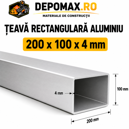 Teava rectangulara aluminiu 200 x 100 x 4 mm, 6 metri (EN AW-6060)